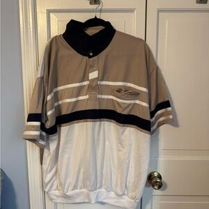 Classic Men's Striped Polo Shirt - Tan, Navy, and White. Versatile! Like new!